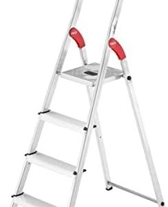 Hailo L60 Aluminum Folding Stepladder | 4-Step with Integrated Storage Tray | Rustproof & Stable | Lightweight Design fo
