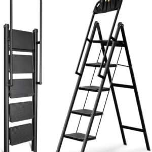 5 Step Ladder with Handrails - Heavy Duty Folding Ladder 330lbs Capacity for Home - Removable Tool Bag - Easy Storage -