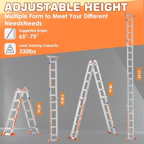 Multi Position 5 Step A Frame Ladder with Stabilizer Bar & Wheels - 330 lbs Load Capacity - Ideal for Home, Indoor & Out