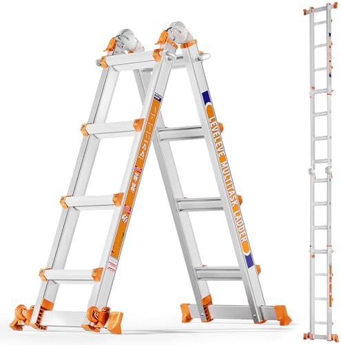 Multi Position 5 Step A Frame Ladder with Stabilizer Bar & Wheels - 330 lbs Load Capacity - Ideal for Home, Indoor & Out