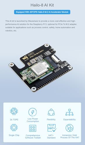 Hailo-8 M.2 AI Accelerator - 26TOPS AI Processing Module for Raspberry Pi 5 with PCIe to M.2 Adapter - High Performance