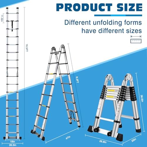 16.5 FT A Frame Telescoping Ladder - Heavy Duty 330 lbs Capacity - Adjustable Multi-Purpose Collapsible Design for Home