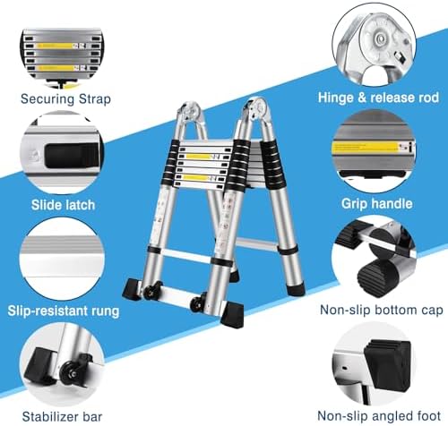 16.5 FT A Frame Telescoping Ladder - Heavy Duty 330 lbs Capacity - Adjustable Multi-Purpose Collapsible Design for Home